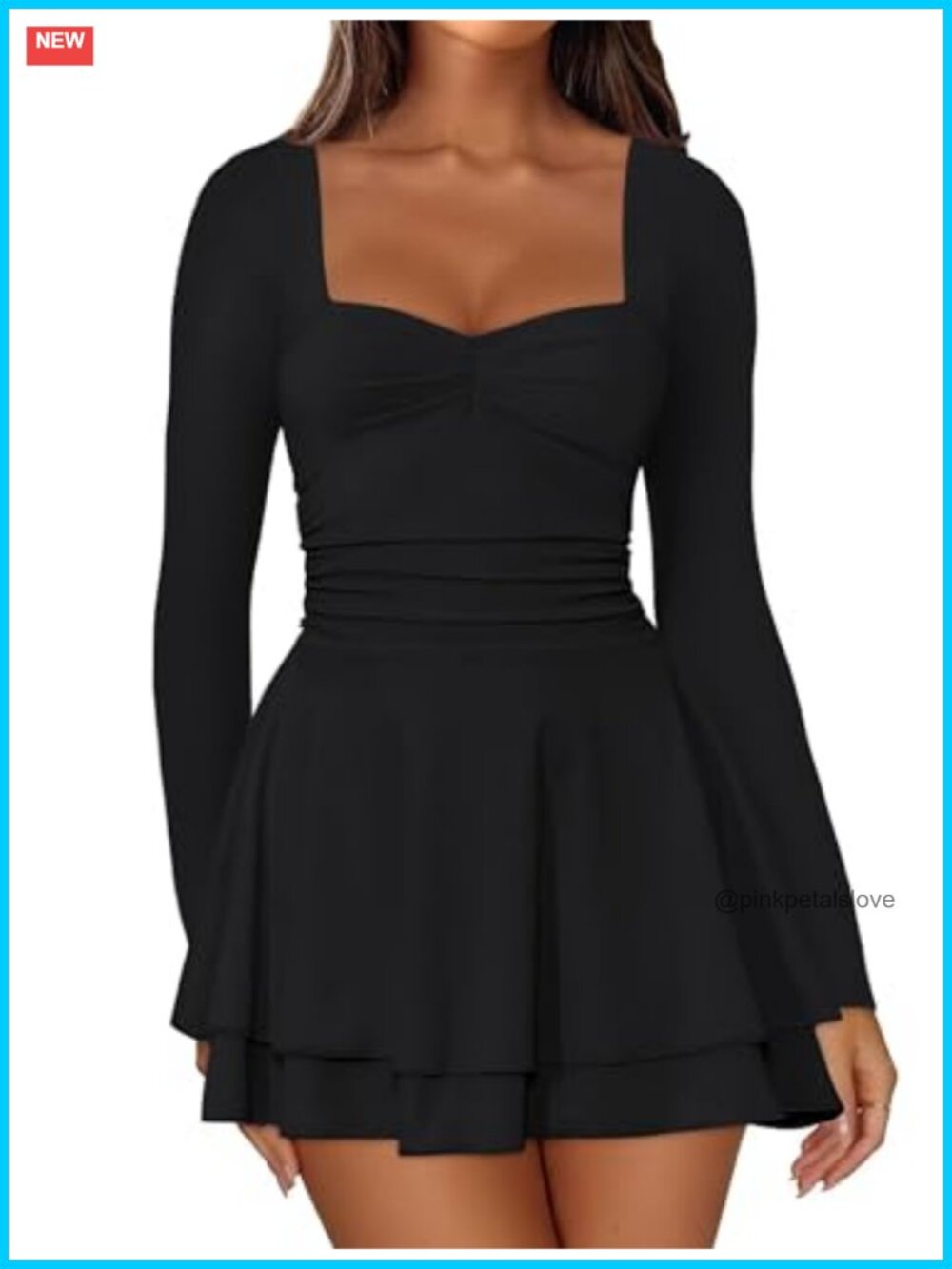 Women's Square Neck Long Sleeve Mini Dress A Line Ruffle Party Dress